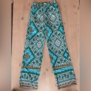 Boho Chic Blue and Green Floral Print Flare Pants